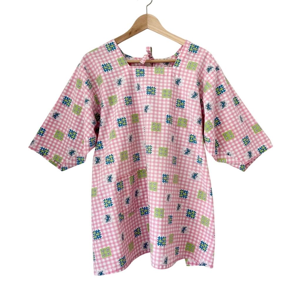 Handmade OOAK Cotton Pink Gingham Floral Patchwork Tie Back Top Size Small